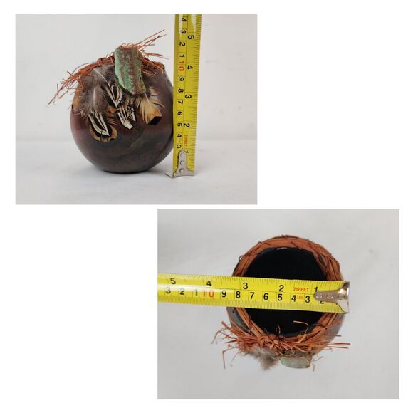 Hand Painted Gourd Bowl Handmade Art Feathers Agate Signed Brown Green - Picture 2 of 11